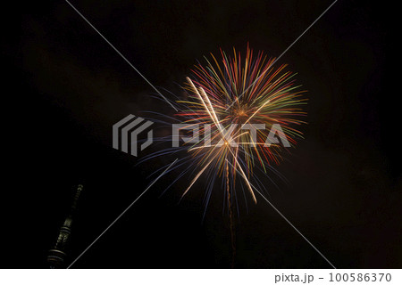 東京スカイツリーと隅田川花火大会の打ち上げ花火 100586370