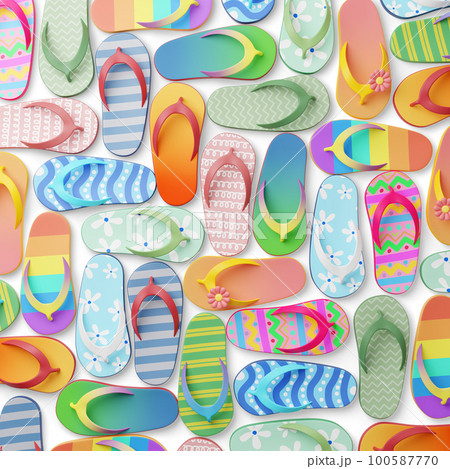 Random pattern flat lay of cute cartoon style colorful flip flops 3d render 100587770