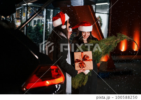 Holding fir and gift box. Happy sisters twins spends Christmas holidays together outdoors. Conception of new year Holding fir and gift box. Happy sisters twins spends Christmas holidays together outdoors. Conception of new year 100588250