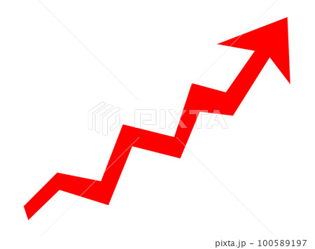 カクカク折れ線の右肩上がりの矢印（赤） 100589197