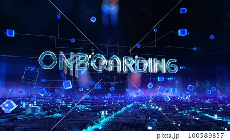 Onboarding - businessman working and touching with virtual reality at office. Onboarding - businessman working and touching with virtual reality at office. 100589857
