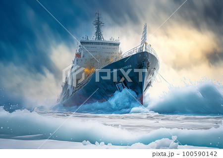 Icebreaker breaks ice hummocks and ice floes in the Arctic Ocean against of dramatic sky. Generative AI illustration 100590142