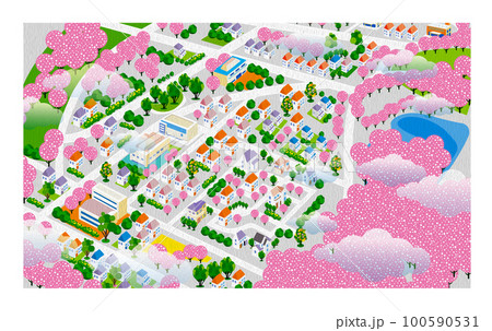 （油彩風）楽しい街並みと暮らしの風景。人々が明るく暮らせる建物と街づくり。 100590531