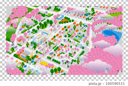 （油彩風）楽しい街並みと暮らしの風景。人々が明るく暮らせる建物と街づくり。 100590531