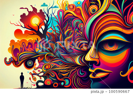Trippy and psychedelic artwork. Surreal illustration in vivid multicolors. Eyes and face theme Trippy and psychedelic artwork. Surreal illustration in vivid multicolors. Eyes and face theme 100590667