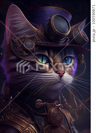 Steampunk cat with glasses. Abstract surreal illustration. Digital designer art. Cyberpunk painting Steampunk cat with glasses. Abstract surreal illustration. Digital designer art. Cyberpunk painting 100590671