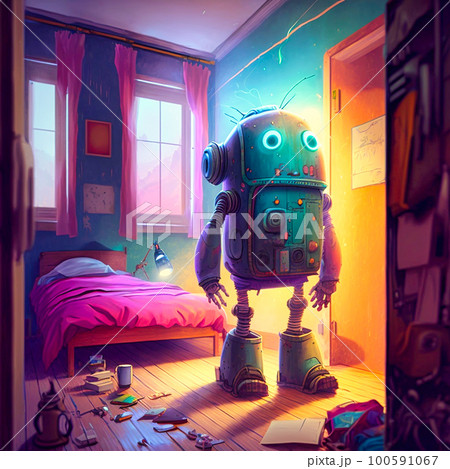 magic robot in hostel, generative AI 100591067