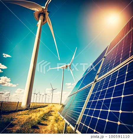 solar panels and wind turbines in the field, generative AI 100591110