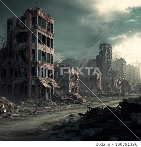 Apocalyptic view of destroyed city buildings, generative AI 100591136