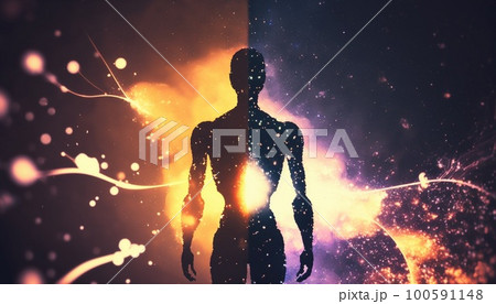 Astral body silhouette with abstract space background. Esoteric, spiritual life and meditation concept. Afterlife and connection with other worlds. generative AI Astral body silhouette with abstract space background. Esoteric, spiritual life and meditation concept. Afterlife and connection with other worlds. generative AI 100591148
