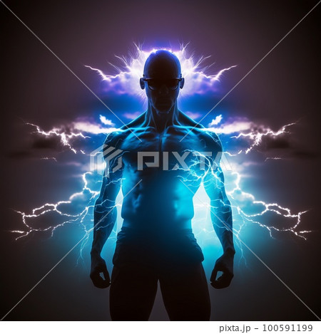 Man in lightning flashes body silhouette, generative AI 100591199