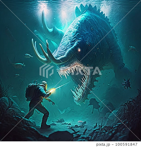 Fantasy shark in the sea, blue, ocean, monster Illustration Stock