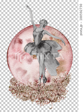 Watercolor dancing pretty ballerina with flowers and moon. Watercolor hand drawn illustration. Can be used for cards or posters. With white isolated background. Young pretty ballerina women. Watercolor dancing pretty ballerina with flowers and moon. Watercolor hand drawn illustration. Can be used for cards or posters. With white isolated background. Young pretty ballerina women. 100592730