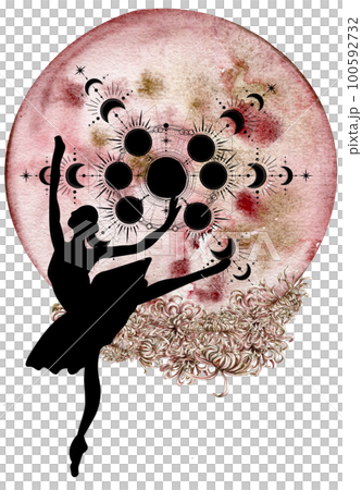Watercolor dancing pretty ballerina with flowers and moon. Watercolor hand drawn illustration. Can be used for cards or posters. With white isolated background. Young  pretty ballerina women. 100592732