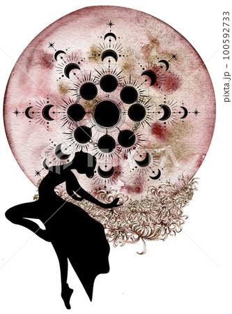 Watercolor dancing pretty ballerina with flowers and moon. Watercolor hand drawn illustration. Can be used for cards or posters. With white isolated background. Young pretty ballerina women. Watercolor dancing pretty ballerina with flowers and moon. Watercolor hand drawn illustration. Can be used for cards or posters. With white isolated background. Young pretty ballerina women. 100592733