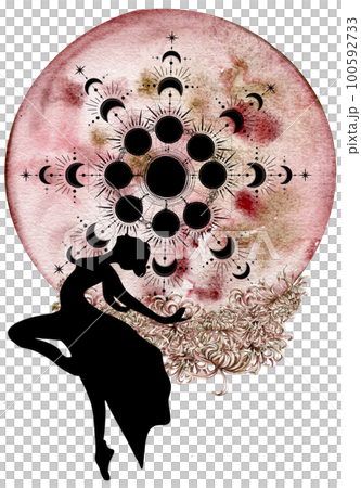 Watercolor dancing pretty ballerina with flowers and moon. Watercolor hand drawn illustration. Can be used for cards or posters. With white isolated background. Young pretty ballerina women. Watercolor dancing pretty ballerina with flowers and moon. Watercolor hand drawn illustration. Can be used for cards or posters. With white isolated background. Young pretty ballerina women. 100592733