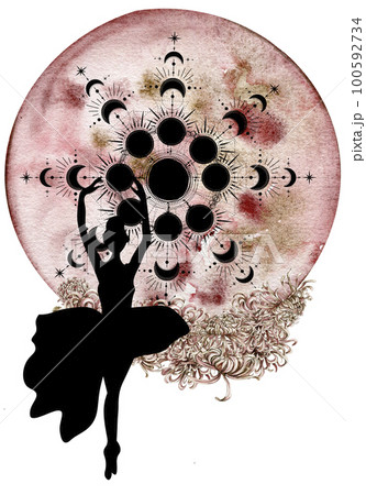 Watercolor dancing pretty ballerina with flowers and moon. Watercolor hand drawn illustration. Can be used for cards or posters. With white isolated background. Young  pretty ballerina women. 100592734