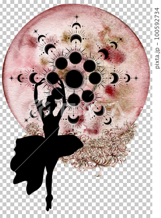 Watercolor dancing pretty ballerina with flowers and moon. Watercolor hand drawn illustration. Can be used for cards or posters. With white isolated background. Young  pretty ballerina women. 100592734