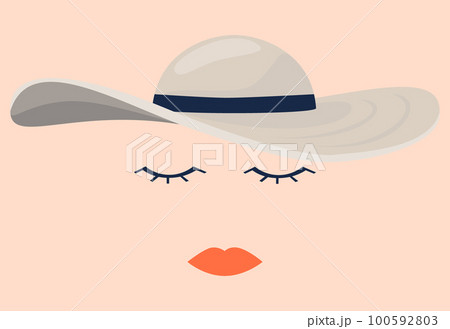 Cartoon hats. Female face. Broad-brim headdress. Fashion clothing. Eyes and red lips. Young woman. Lady portrait. Attractive girl. Heads accessory. Glamour card. Vector illustration 100592803