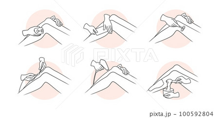 Wax hair remove. Depilatory cream. Razor shaving. Epilator or laser. Body salon beauty procedure. Woman skin care. Photoepilation appliance. Outline legs. Vector illustration icons set 100592804