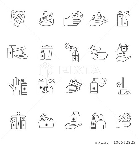 Disinfect line icons. Antibacterial spray. Clean symbols. Cleaner bottle. Covid virus detergent. Coronavirus safe in household. Arm wash sanitizer. Vector outline strokes pictograms set 100592825