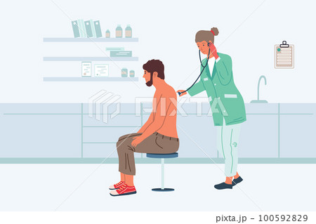 Patient examination. Visit to doctor. Physician checks health of sick male. Medical worker with stethoscope. Ill man treatment. Clinic professional consultation. Vector illustration Patient examination. Visit to doctor. Physician checks health of sick male. Medical worker with stethoscope. Ill man treatment. Clinic professional consultation. Vector illustration 100592829