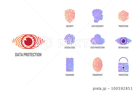 Fingerprint logo. Digital privacy icons. Crime lock. Face or brain shield. Thumbprint for fintech Ai. Identification access code. Data protection symbols set. Vector illustration concept Fingerprint logo. Digital privacy icons. Crime lock. Face or brain shield. Thumbprint for fintech Ai. Identification access code. Data protection symbols set. Vector illustration concept 100592851