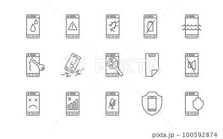 Phone error symbols. Smartphone security. Problem with mobile accessories. Waterproof shield. Scratch keys touching protection. Insurance cases. Mute microphone. Vector line icons set 100592874