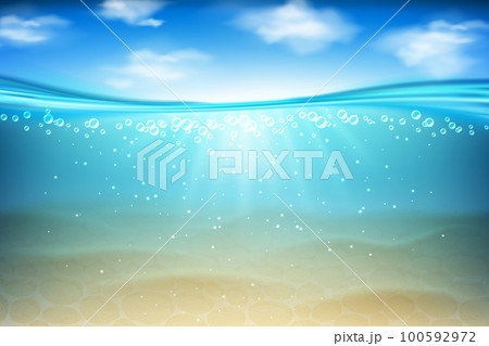 Dark water texture, aquarium underwater. Ocean sea lights and darkness, clean swimming pond and sand, blue sky with clouds. Summer undersea. Pure liquid. Vector realistic background 100592972