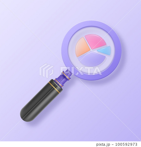 Magnifying glass. Science research. Creative growth finance. Focused lens. Business analysis. Statistic infographic. Magnifier or report diagram. Search with loupe. Vector 3D background 100592973