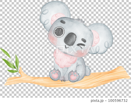 Cute Fuzzy-Eared innocence baby Koala on a tree branch watercolour Illustration Cute Fuzzy-Eared innocence baby Koala on a tree branch watercolour Illustration 100596732