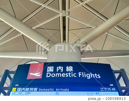 空港の国内線ターミナルの案内標識 100598913