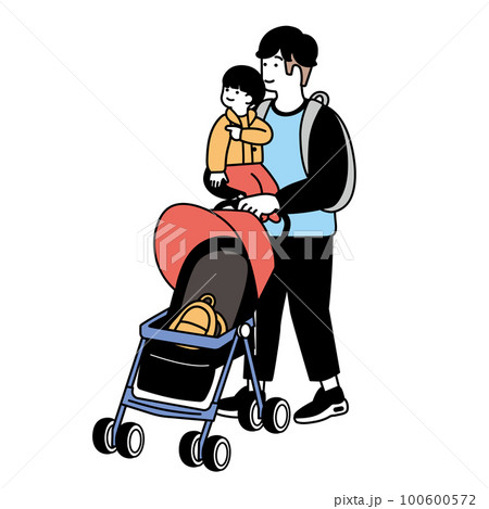 赤ちゃんを抱っこしながらベビーカーを持つ男性のイラスト 100600572