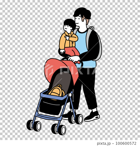 赤ちゃんを抱っこしながらベビーカーを持つ男性のイラスト 100600572