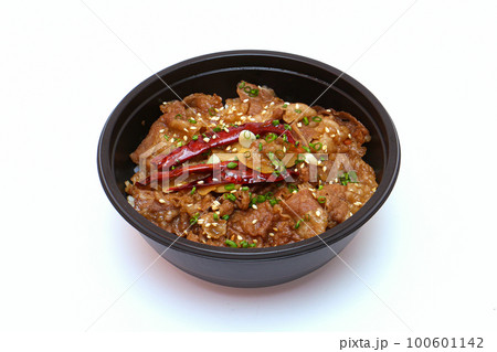 Buta-don, Authentic Japanese cuisine. Pork rice bowl on white background 100601142