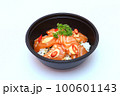 Salmon marinated shoyu or salmon pickled soy sauce and rice in a black tray. Japanese Style or Korean style. on a white background. 100601143