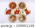 set of Asian street food styles, crispy belly pork on rice with barbecue red sauce, Spicy Pork with Pork bone Soup (Lang Zaap), and Vietnamese Rice Noodles Soup on white background. 100601146