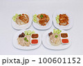 Set of Hainanese chicken rice with fried chicken or rice steamed chicken soup with fried chicken - Asian food style. on white background. top view food. popular street food. isolated a dish. 100601152