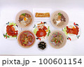 set of Asian street food styles, crispy belly pork on rice with barbecue red sauce, Spicy Pork with Pork bone Soup (Lang Zaap), and Vietnamese Rice Noodles Soup on white background. 100601154