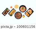 Set of Japanese food, pork rice, salmon pickle, salmon sushi rolls, and takoyaki or squid balls on white background. 100601156