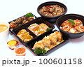Set of Japanese food, pork rice, salmon pickle, salmon sushi rolls, and takoyaki or squid balls on white background. 100601158