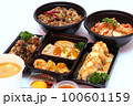 Set of Japanese food, pork rice, salmon pickle, salmon sushi rolls, and takoyaki or squid balls on white background. 100601159