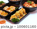Set of Japanese food, pork rice, salmon pickle, salmon sushi rolls, and takoyaki or squid balls on white background. 100601160