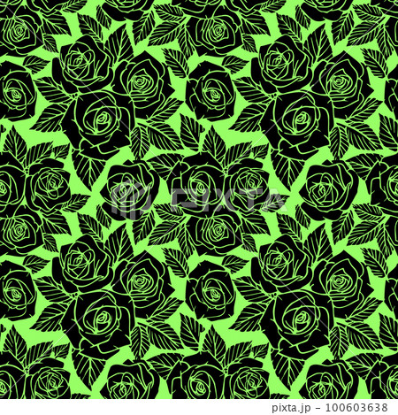 seamless black asymmetric pattern of rose contours on a green background, texture, design seamless black asymmetric pattern of rose contours on a green background, texture, design 100603638