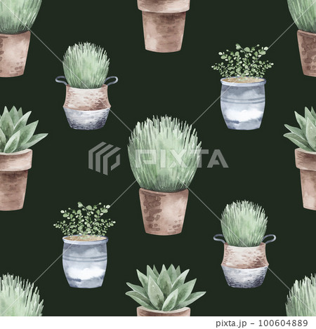 Seamless pattern, background, texture. Watercolor drawing of a garden hobby. Planting seedlings, plants. garden supplies, garden tools. Seamless pattern, background, texture. Watercolor drawing of a garden hobby. Planting seedlings, plants. garden supplies, garden tools. 100604889