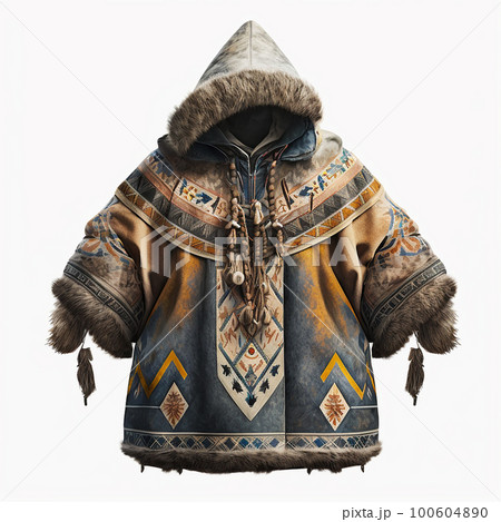 National clothes of the Yakut shaman sorcerer, jacket made of leather and deer fur, decorated with embroidery 100604890