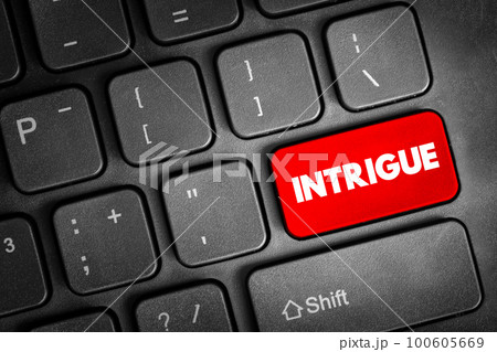 Intrigue text button on keyboard, concept background Intrigue text button on keyboard, concept background 100605669