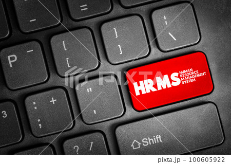 HRMS Human Resource Management System - suite of software applications used to manage human resources and related processes, acronym text button on keyboard 100605922