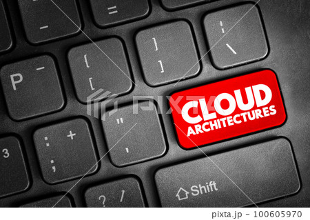 Cloud architectures - way technology components combine to build a cloud, text concept button on keyboard 100605970