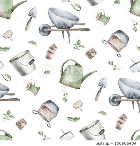 Seamless pattern, background, texture. Watercolor drawing of a garden hobby. Planting seedlings, plants. garden supplies, garden tools. Seamless pattern, background, texture. Watercolor drawing of a garden hobby. Planting seedlings, plants. garden supplies, garden tools. 100606404
